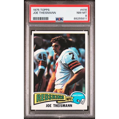 Vintage 1975 Joe Theismann football card graded NM-MT 8 by PSA, a pro sports collectible