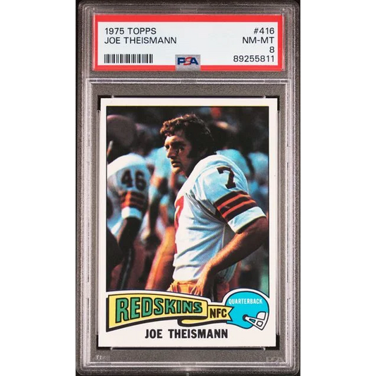 Vintage 1975 Joe Theismann football card graded NM-MT 8 by PSA, a pro sports collectible