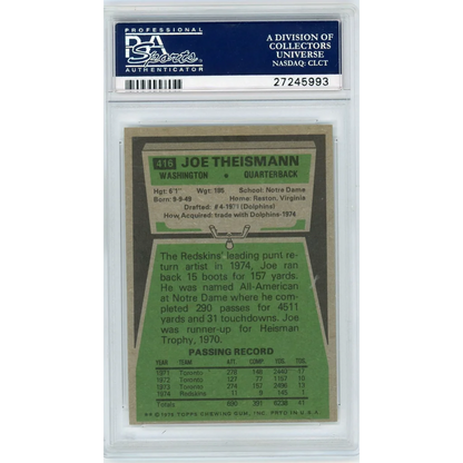 Vintage Joe Theismann football card in PSA graded Mint 9 slab