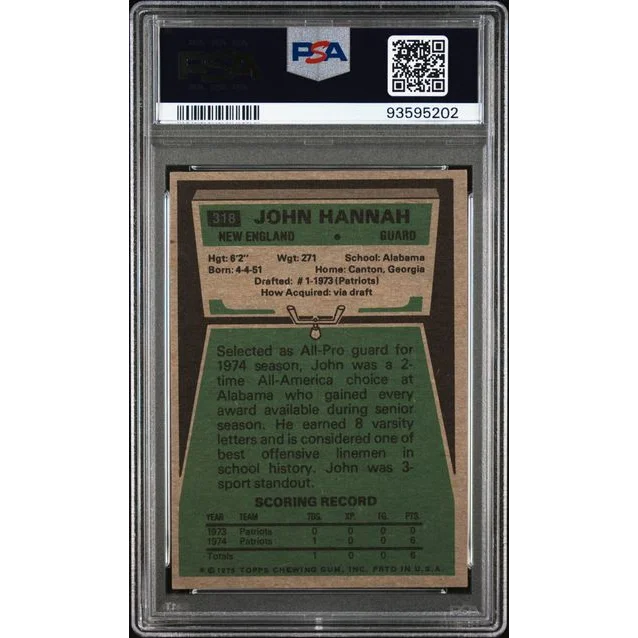 Graded 1975 Topps John Hannah #318 2nd Year Football Card PSA 6 EX-MT | PSA 6 EX-MT Graded Vintage Football Card | vintageantiquesgifts.com