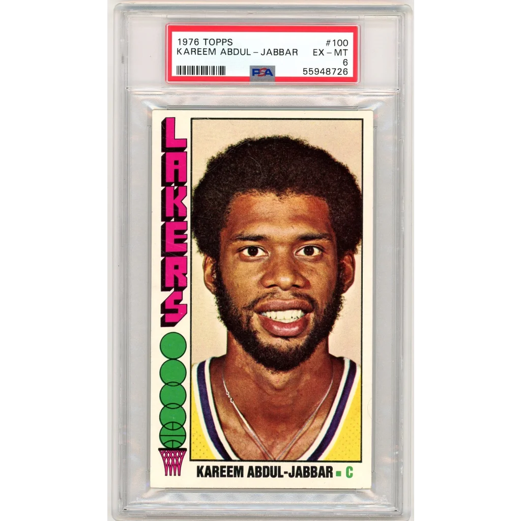 A graded 1976 Topps Kareem Abdul-Jabbar vintage basketball card in PSA holder