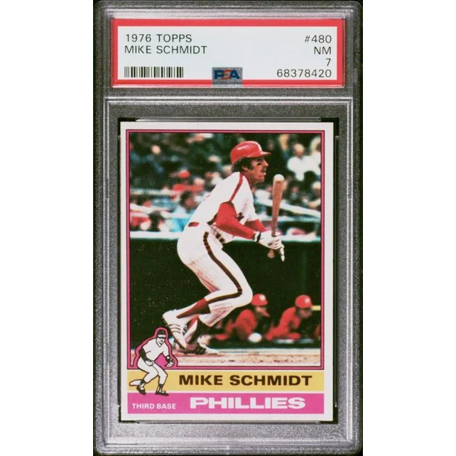Graded 1976 Topps Mike Schmidt baseball card in PSA case, vintage sports collectible