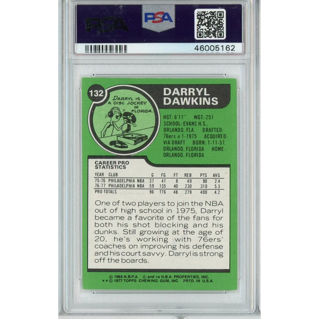 Graded 1977 Topps Darryl Dawkins #132 Rookie RC Basketball Card PSA 7 NM