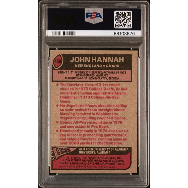 Graded PSA Mint 9 John Hannah 1977 Topps All Pro Football Card on display