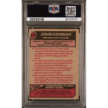 Graded PSA Mint 9 John Hannah 1977 Topps All Pro Football Card on display