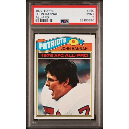 1977 Topps John Hannah All-Pro Football Card graded PSA Mint 9 on display