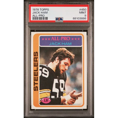 Close-up of a Mint 9 Jack Ham 1978 Topps All-Pro football card by PSA