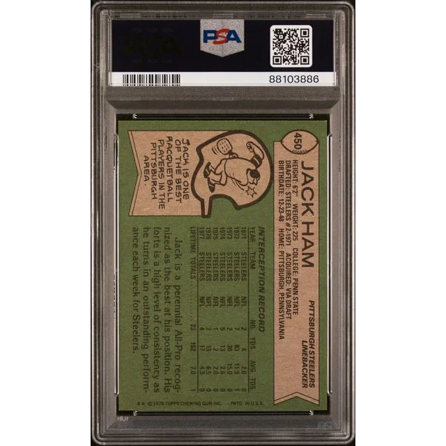 Vintage Jack Ham 1978 Topps All Pro Football Card in PSA Mint 9 condition