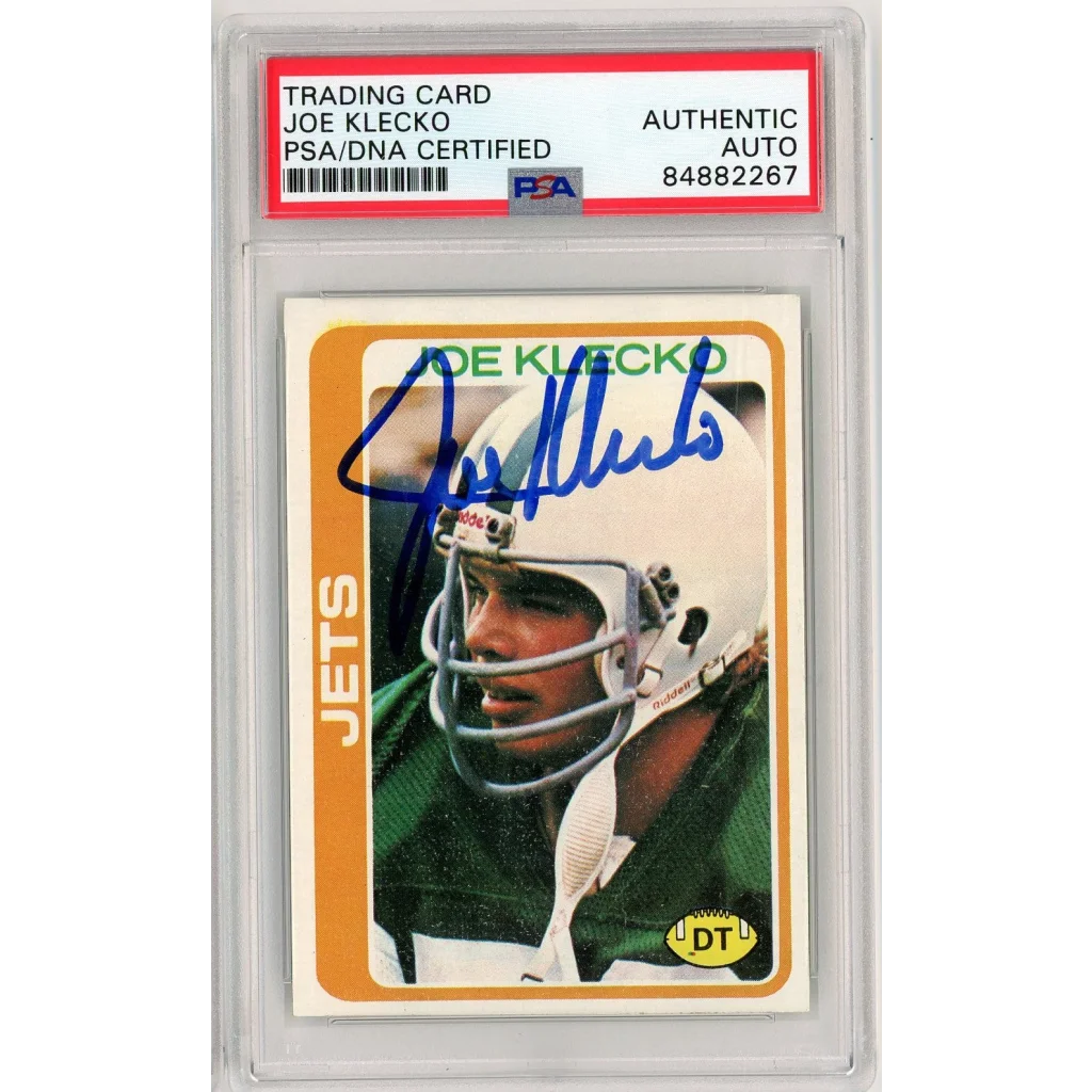 Graded Joe Klecko autographed vintage football trading card displayed in PSA case