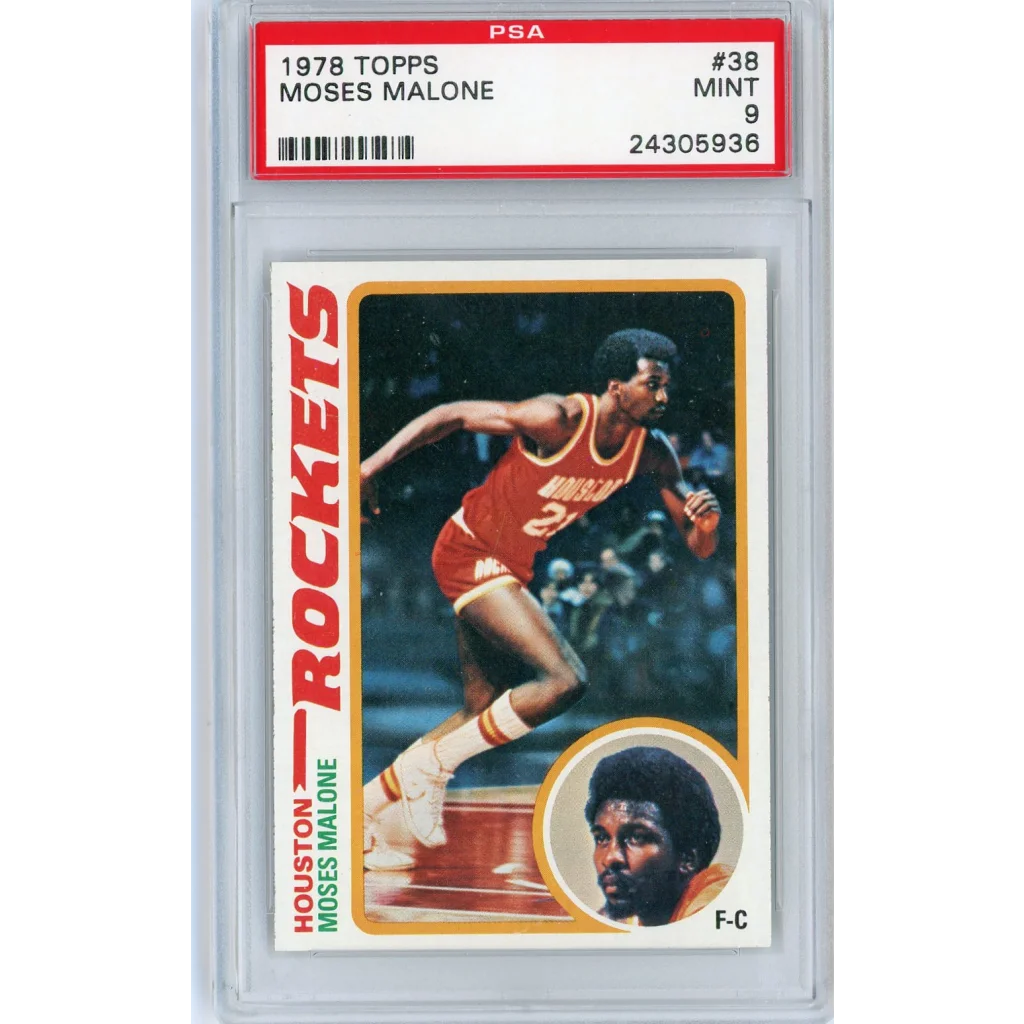 A graded PSA Mint 9 Moses Malone 1978 Topps basketball card #38 ready to score