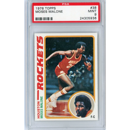 A graded PSA Mint 9 Moses Malone 1978 Topps basketball card #38 ready to score