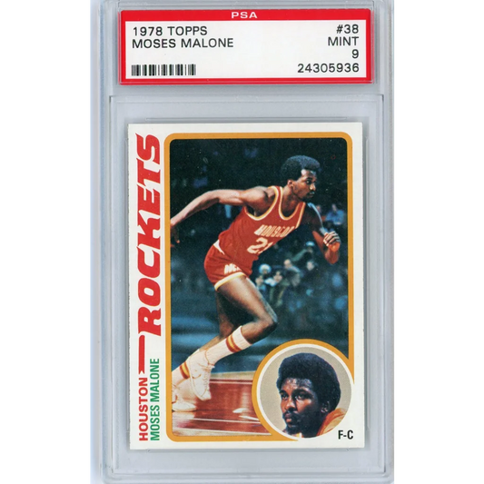 A graded PSA Mint 9 Moses Malone 1978 Topps basketball card #38 ready to score