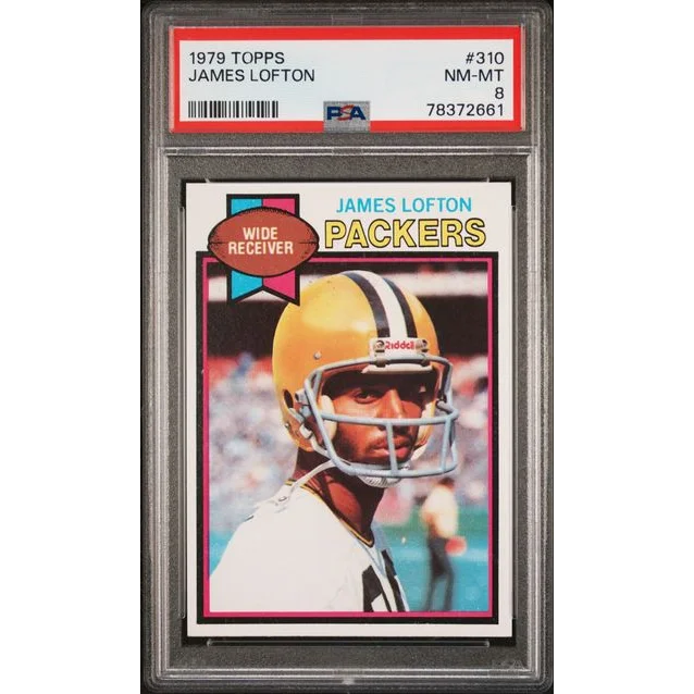 A graded 1979 Topps James Lofton football card in PSA holder for collectors