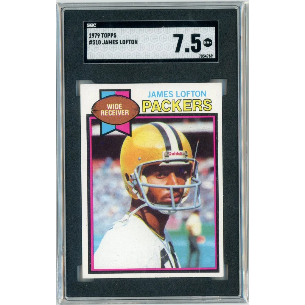 A graded 1979 Topps James Lofton football card with a 7.5 NM Plus rating