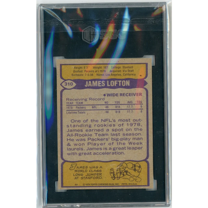 A graded 1979 Topps James Lofton football rookie card in PSA 7.5 NM Plus condition
