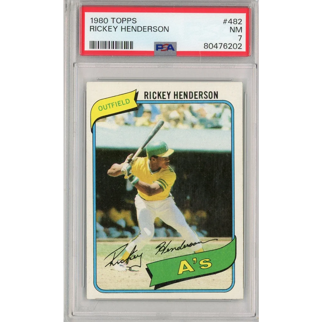 A graded NM 7 1980 Topps Rickey Henderson rookie card in a PSA case