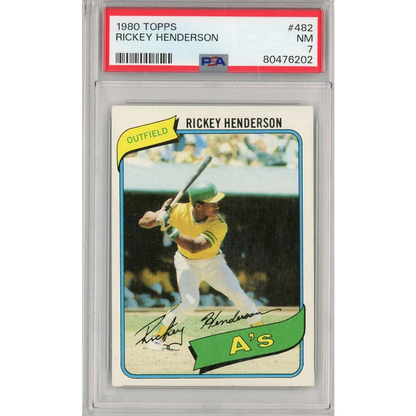 A graded NM 7 1980 Topps Rickey Henderson rookie card in a PSA case