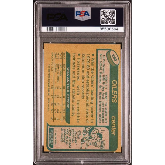 Back of PSA graded 1980 Topps Wayne Gretzky Rookie Card showing grade details