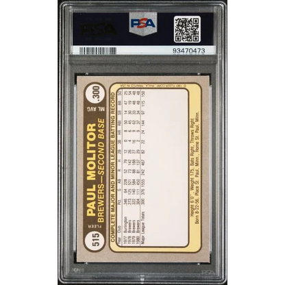 A graded 1981 Fleer Paul Molitor baseball card in PSA EX 5 condition