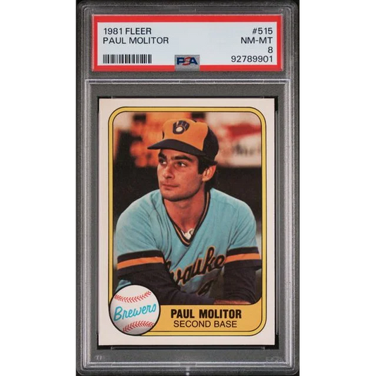 PSA graded 1981 Fleer Paul Molitor baseball card on display