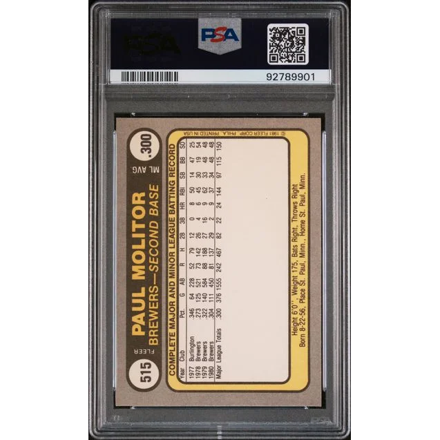 Graded 1981 Fleer Paul Molitor baseball card in PSA case for collectors