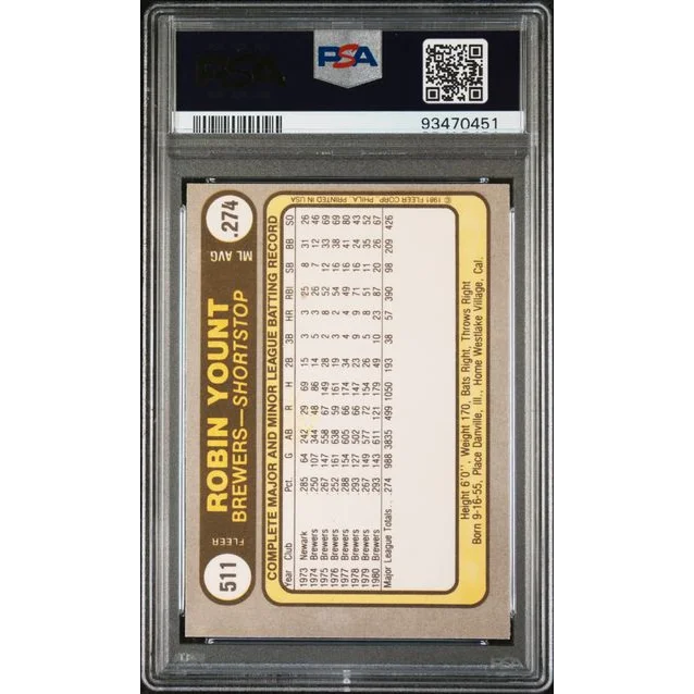 Graded 1980 Topps Robin Yount baseball card in mint 9 condition for collectors