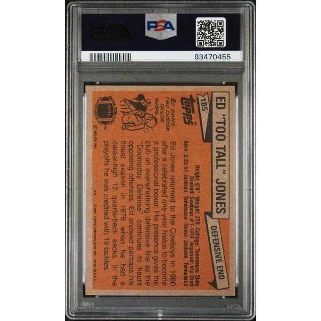 PSA Graded 1981 Topps Ed Too Tall Jones football card showing player in action