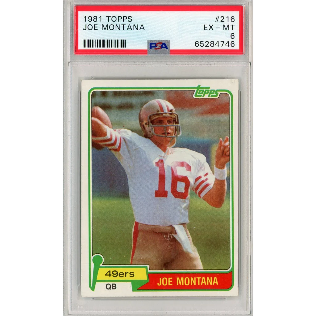 Graded 1981 Topps Joe Montana #216 Rookie RC Football Card PSA 6 EX-MT | Hall of Fame Sports Memorabilia | vintageantiquesgifts.com
