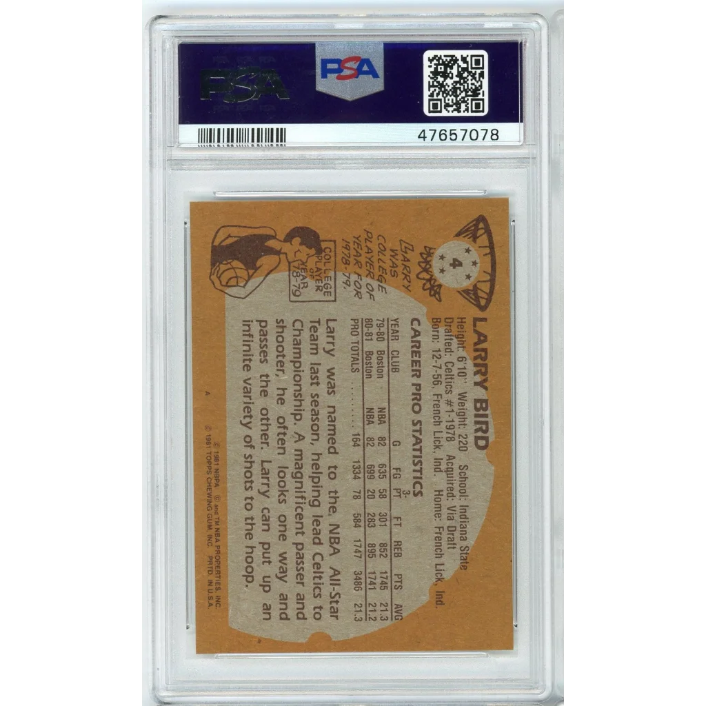 Graded 1981 Topps Larry Bird #4 2nd Year Basketball Card PSA 5 Excellent | PSA 5 EX Graded Vintage Basketball Card | vintageantiquesgifts.com