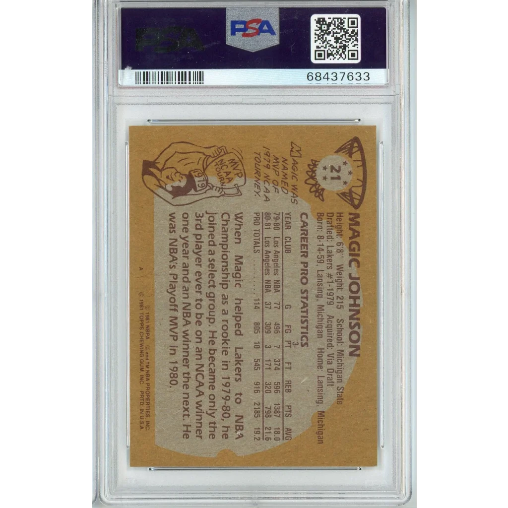 Back of graded 1981 Topps Magic Johnson #21 PSA 8 NM-MT basketball card