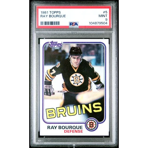 Mint 9 PSA graded Ray Bourque 1981 Topps hockey card on display