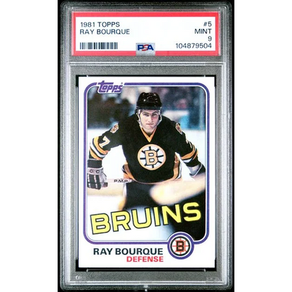 Mint 9 PSA graded Ray Bourque 1981 Topps hockey card on display