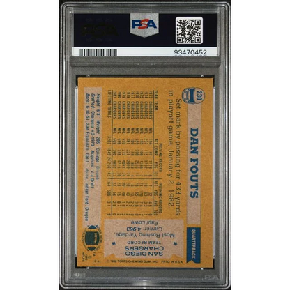 Vintage 1982 Topps Dan Fouts football card graded PSA, in great condition