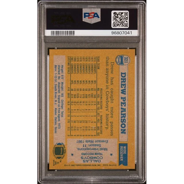 Vintage 1982 Topps Drew Pearson football trading card graded by PSA