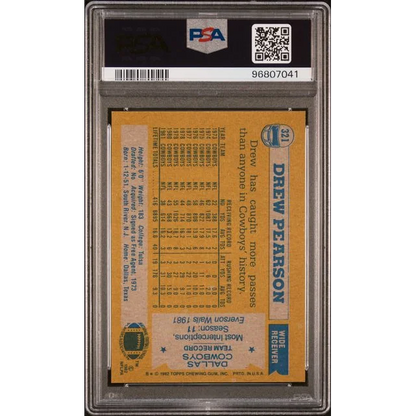 Vintage 1982 Topps Drew Pearson football trading card graded by PSA