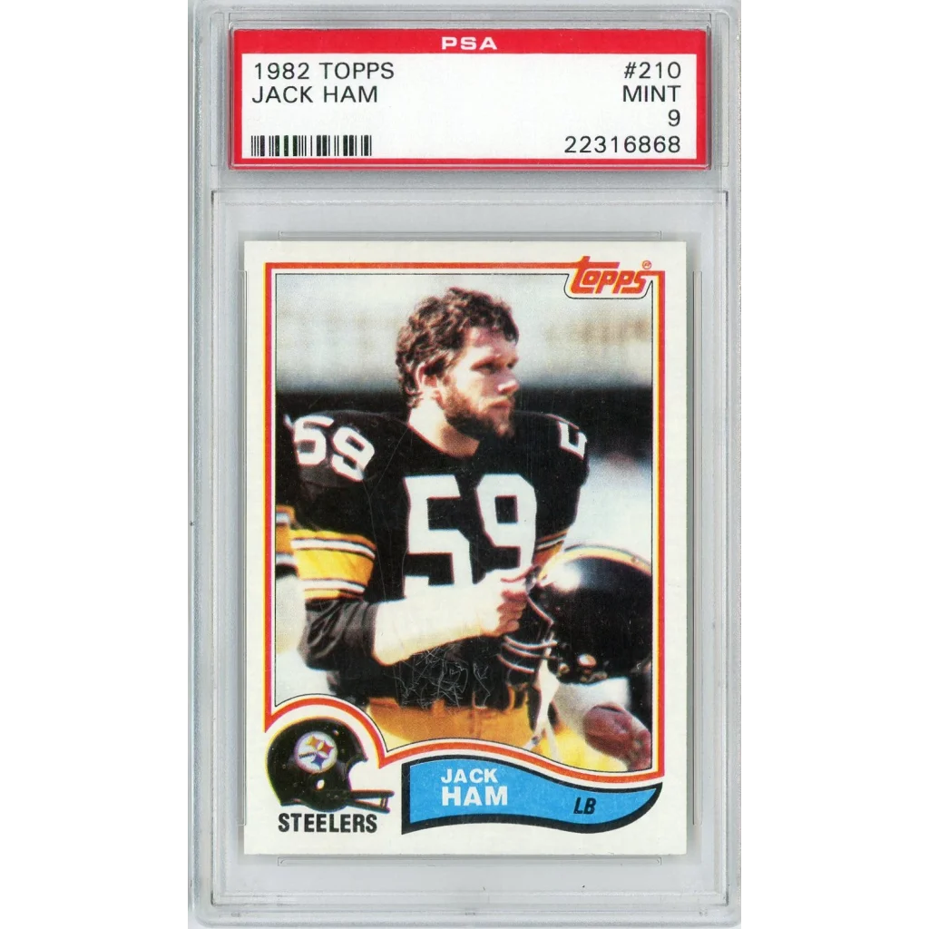A graded 1982 Topps Jack Ham football card in Mint 9 condition displayed in PSA case