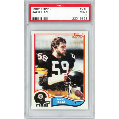 A graded 1982 Topps Jack Ham football card in Mint 9 condition displayed in PSA case