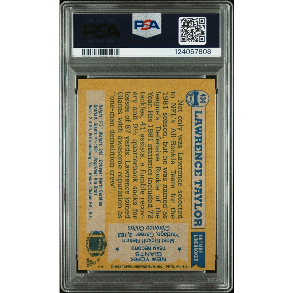 Graded 1982 Topps Lawrence Taylor #434 Rookie RC Signed Football Card PSA 6 EX-MT | PSA 6 EX-MT Graded Rookie Card | vintageantiquesgifts.com