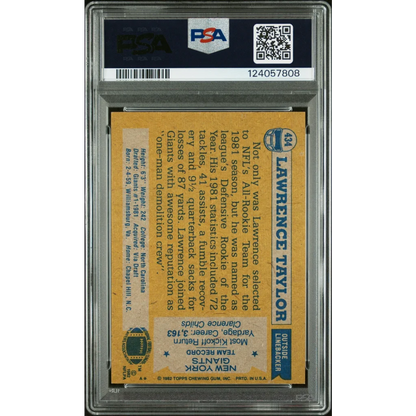 Graded 1982 Topps Lawrence Taylor #434 Rookie RC Signed Football Card PSA 6 EX-MT | PSA 6 EX-MT Graded Rookie Card | vintageantiquesgifts.com