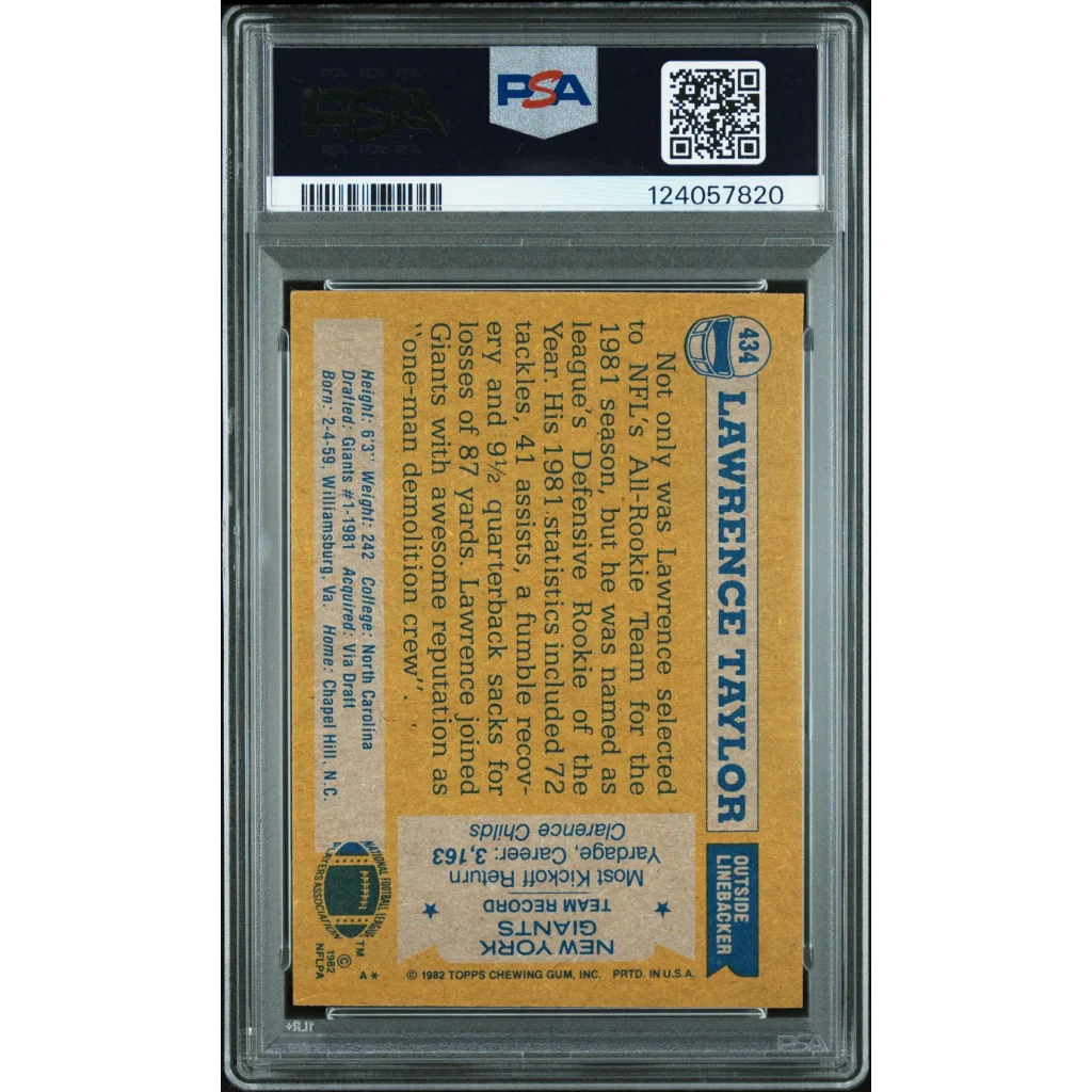 Graded 1982 Topps Lawrence Taylor #434 Rookie RC Signed Football Card PSA 7 NM | PSA 7 NM Graded Rookie Card | vintageantiquesgifts.com