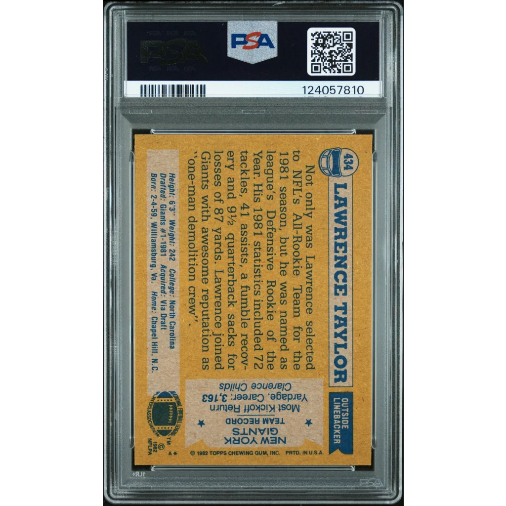 Graded 1982 Topps Lawrence Taylor #434 Rookie RC Signed Football Card PSA 8 NM-MT | PSA 8 NM-MT Graded Rookie Card | vintageantiquesgifts.com