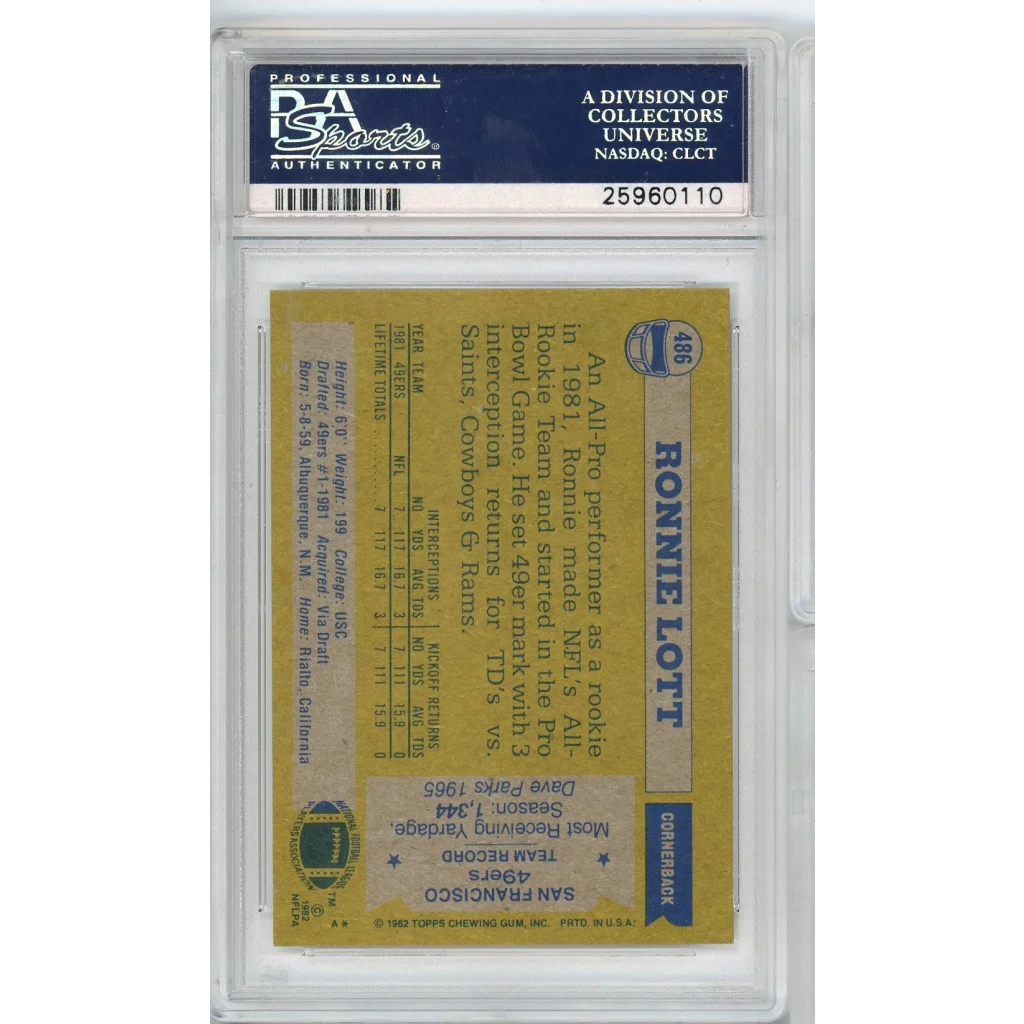 PSA Graded 1982 Topps Ronnie Lott All Pro Football Card showing graded football card