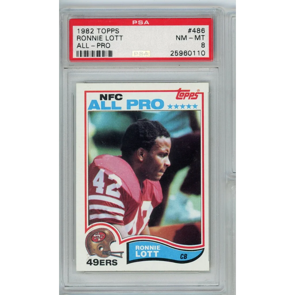 A graded 1982 Topps Ronnie Lott All-Pro football card in PSA holder