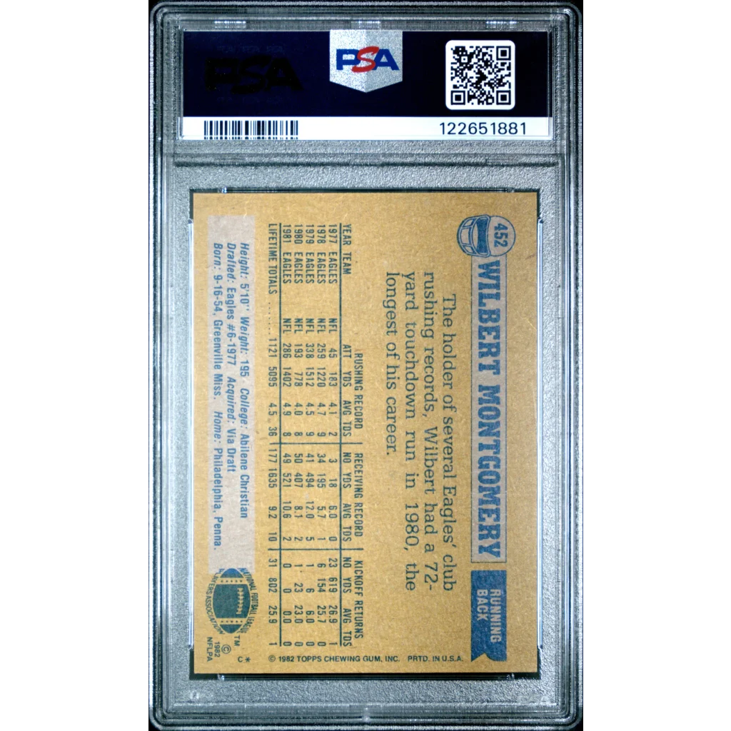 Graded 1982 Topps Wilbert Montgomery #452 football card PSA 8 back