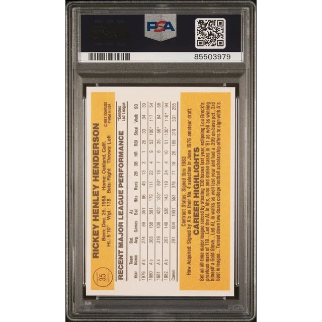 PSA graded 1983 Donruss Rickey Henderson baseball card in protective slab
