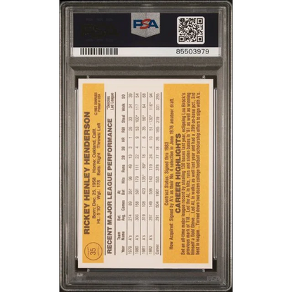 PSA graded 1983 Donruss Rickey Henderson baseball card in protective slab