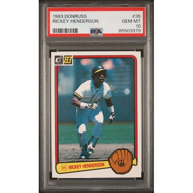 Graded 1983 Donruss Rickey Henderson baseball card in a protective slab