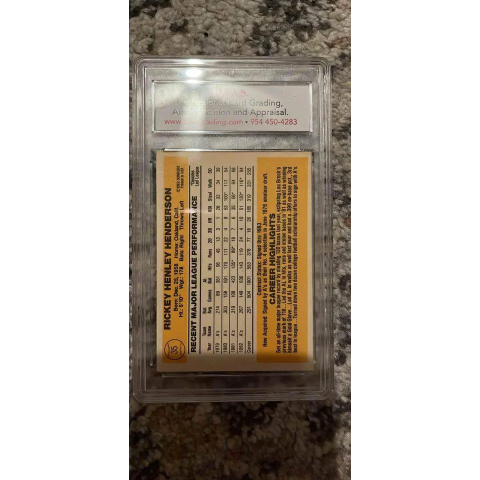 Graded Rickey Henderson baseball card in clear slab for collectors