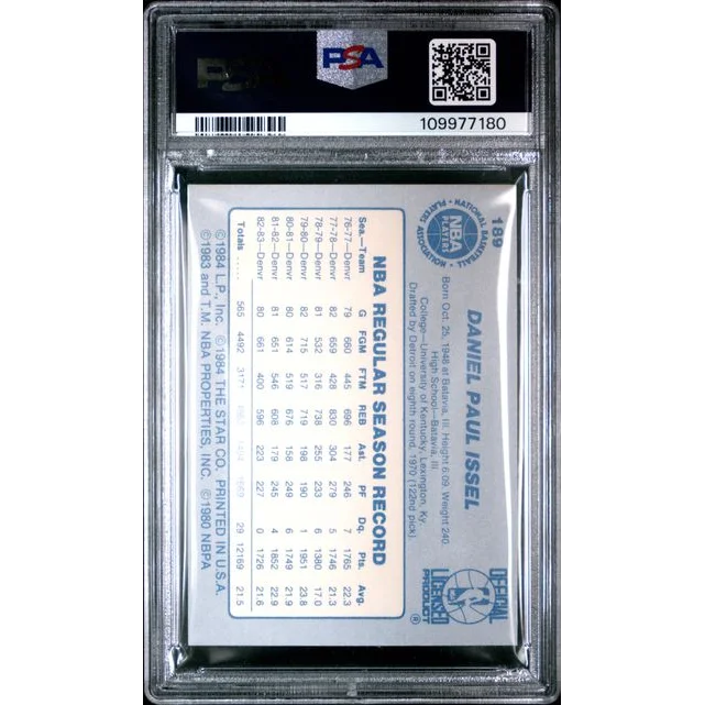 Graded 1983 Star Dan Issel Basketball Card in PSA case, authentic and gem mint quality