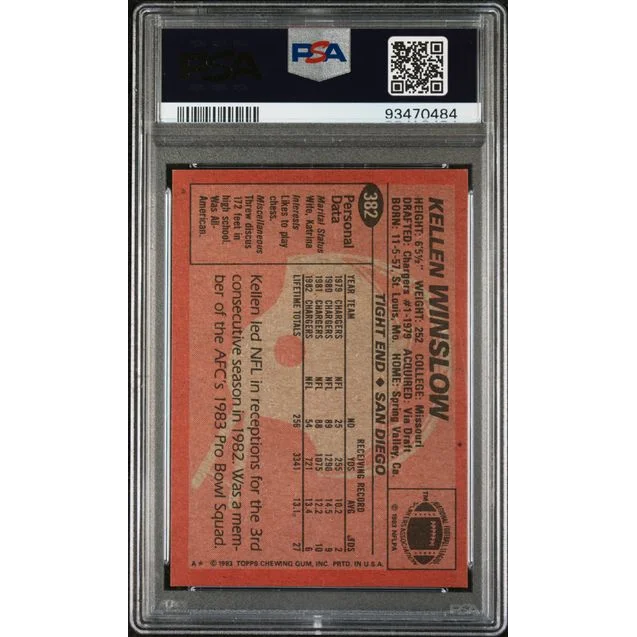 Graded 1983 Topps Kellen Winslow #382 Football Card PSA 7 Near Mint | PSA 7 NM Graded Vintage Football Card | vintageantiquesgifts.com